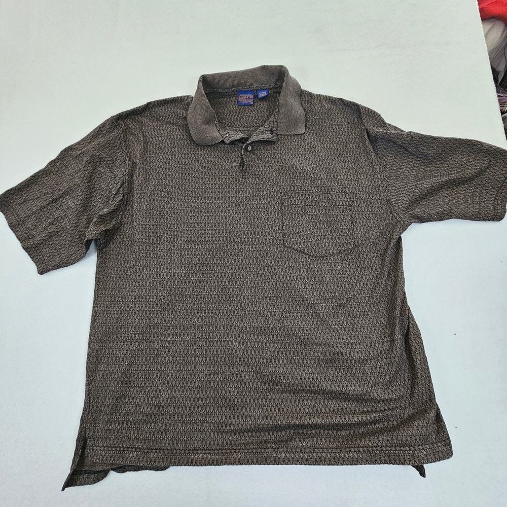 Pendleton Mens XL Polo‎ Shirt Short Sleeve Geometric Textured Cotton Navy Tan